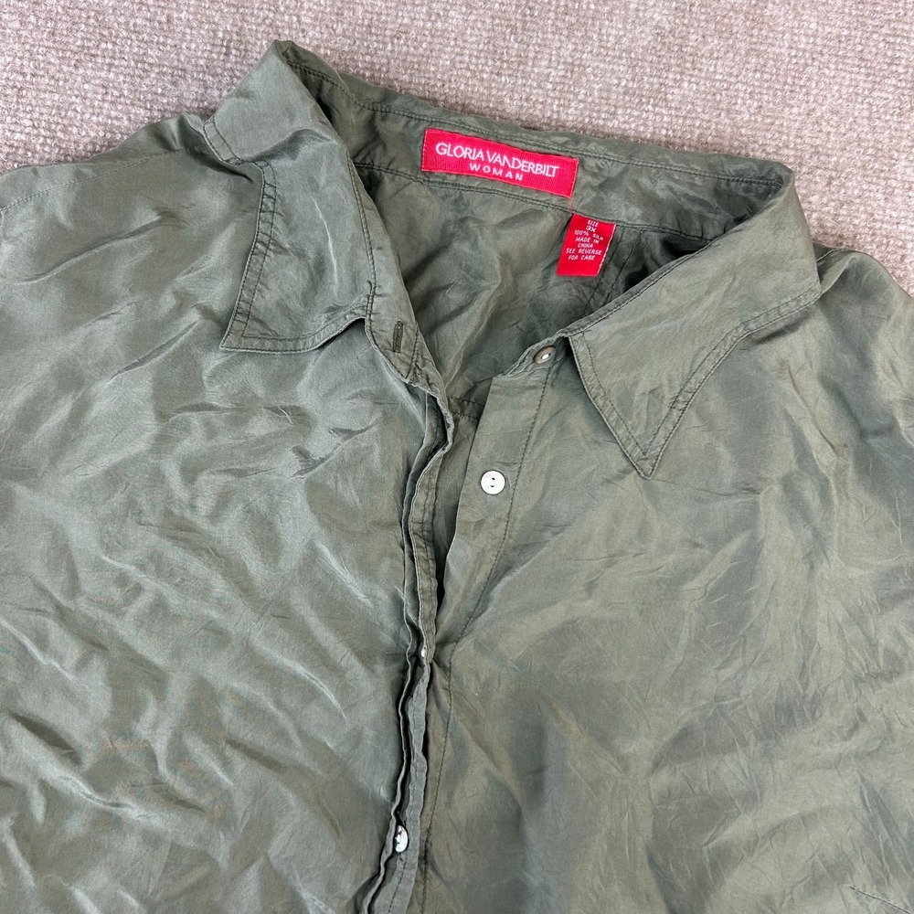 Gloria Vanderbilt Blouse Womens 3X Olive Green Silk Long Sleeve Casual Button Up